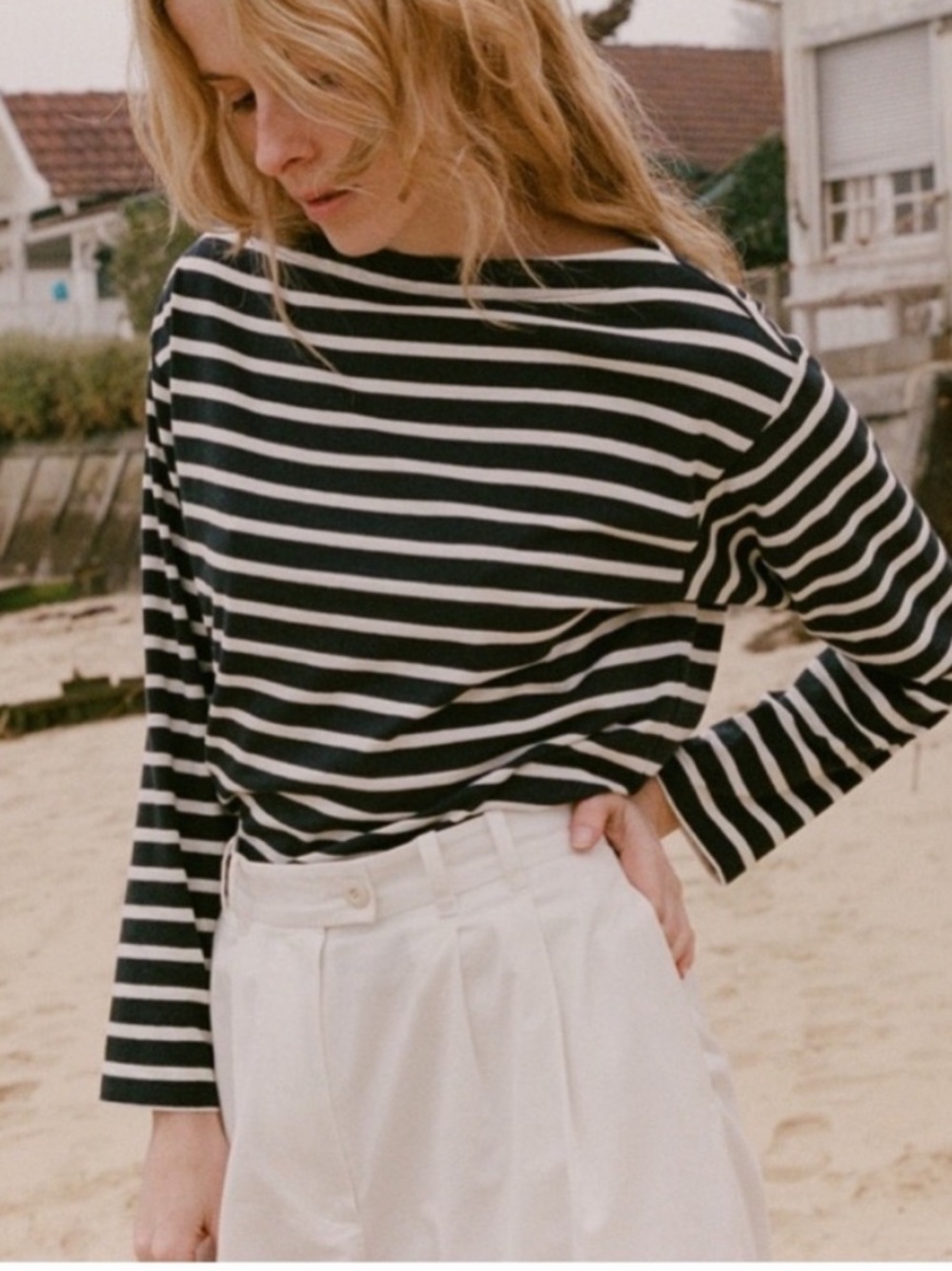 Doen Black and White Striped Long-Sleeve Boatneck Top